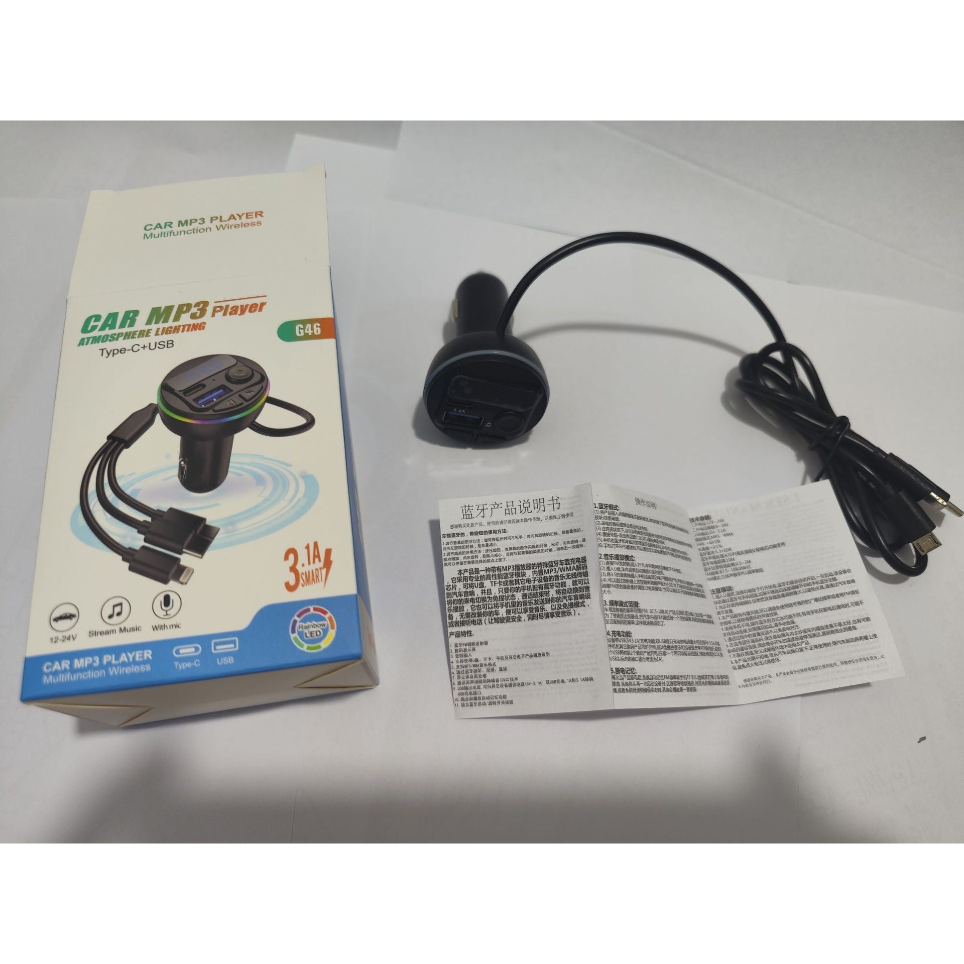 Incarcator Auto cu MP3 Player, Kaveny, Port USB Fast Charge QC3.0 si Type C, PD 20W, Bluetooth, 3 Mufe de Incarcare, Negru
