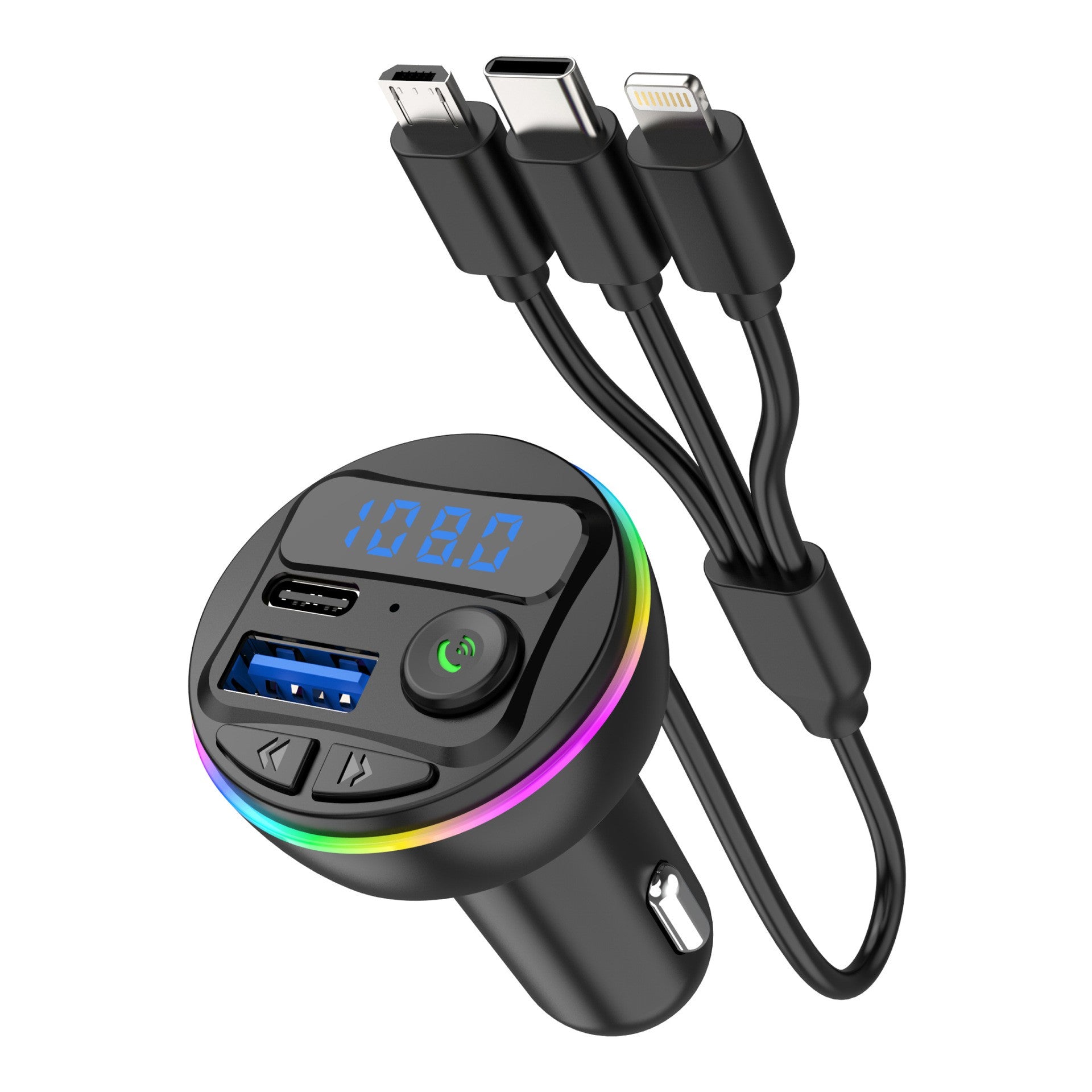 Incarcator Auto cu MP3 Player, Kaveny, Port USB Fast Charge QC3.0 si Type C, PD 20W, Bluetooth, 3 Mufe de Incarcare, Negru