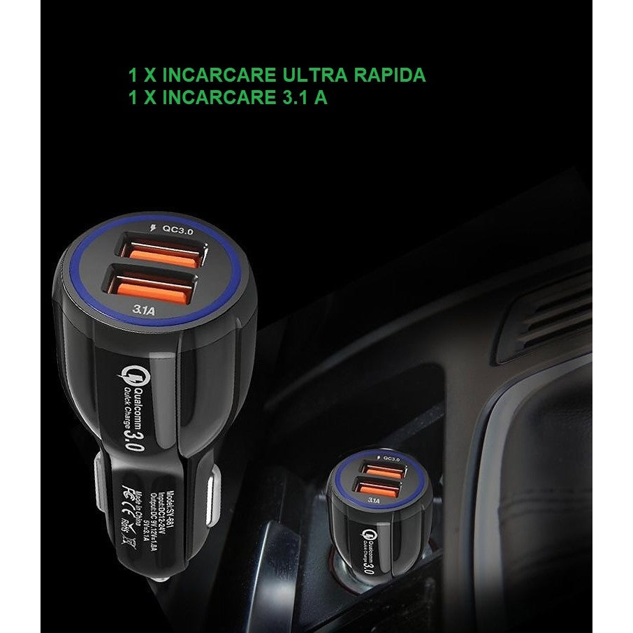 Incarcator Auto, Kadeny, Pentru Bricheta, Incarcare Rapida, Interfata USB, 12V-24V, Negru