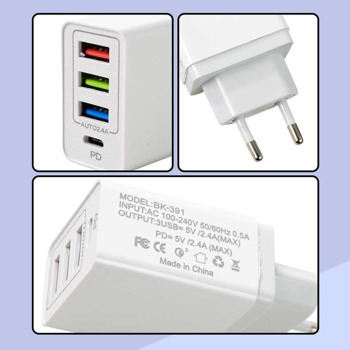 Incarcator Fast Charge pentru Telefon 32W, Kadeny, Incarcator Quick Charge cu 3 Porturi USB-A 3.1A & 1 USB-C, Power Delivery 32W, Cap Standard European, Alb