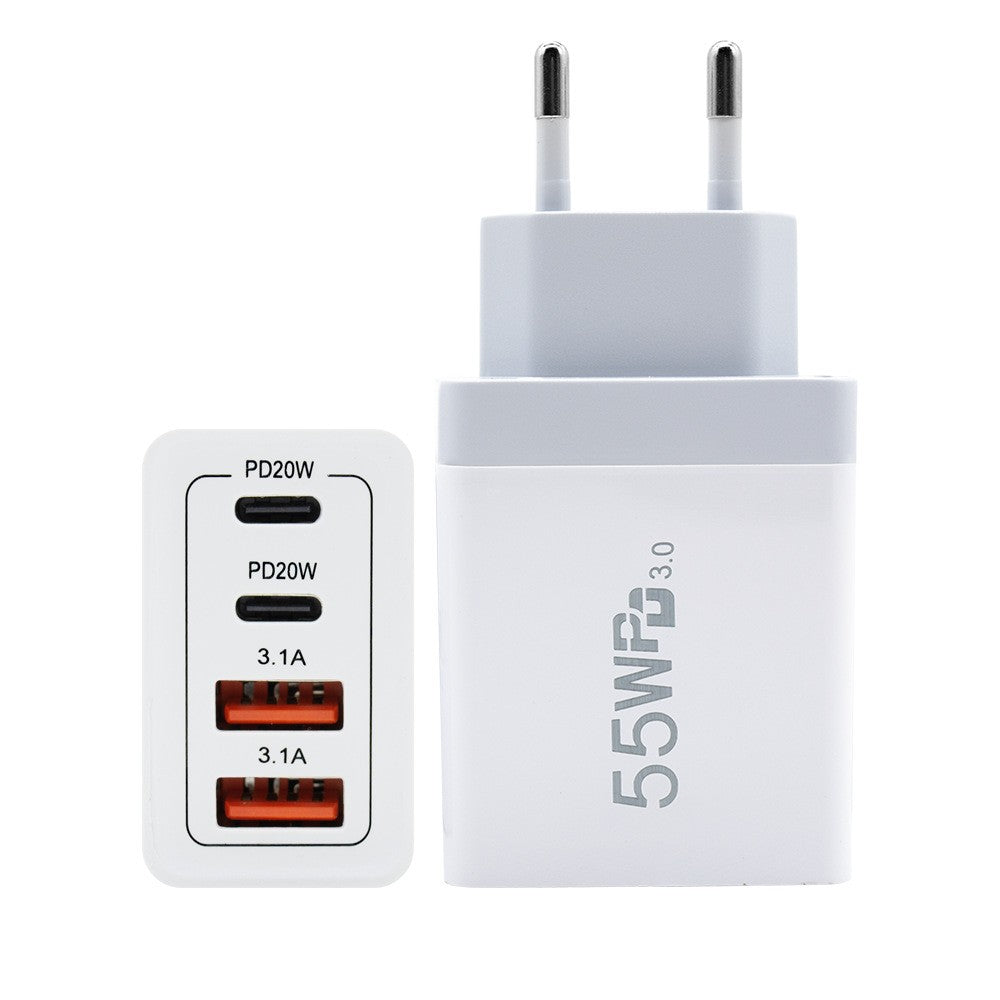 Incarcator Fast Charge pentru Telefon 55W, Kadeny, Incarcator Quick Charge cu 2 Porturi USB-A 3.1A & 2 Porturi USB-C, Power Delivery 55W, Cap Standard European, Alb