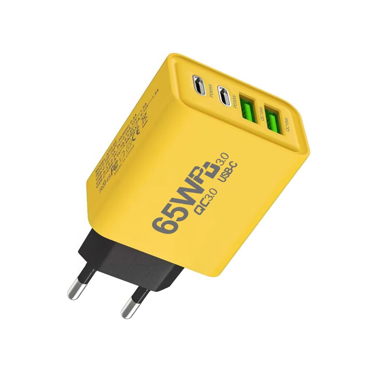 Incarcator Fast Charge pentru Telefon 65W, Kadeny, Incarcator Quick Charge cu 2 Porturi USB-A 3.1A & 2 Porturi USB-C, Power Delivery 65W, Cap Standard European, Galben