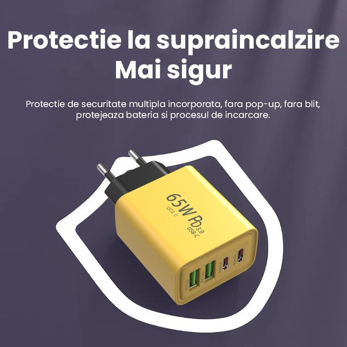 Incarcator Fast Charge pentru Telefon 65W, Kadeny, Incarcator Quick Charge cu 2 Porturi USB-A 3.1A & 2 Porturi USB-C, Power Delivery 65W, Cap Standard European, Galben