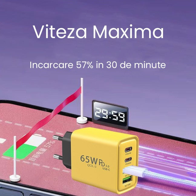 Incarcator Fast Charge pentru Telefon 65W, Kadeny, Incarcator Quick Charge cu 2 Porturi USB-A 3.1A & 2 Porturi USB-C, Power Delivery 65W, Cap Standard European, Galben