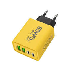 Incarcator Fast Charge pentru Telefon 65W, Kadeny, Incarcator Quick Charge cu 2 Porturi USB-A 3.1A & 2 Porturi USB-C, Power Delivery 65W, Cap Standard European, Galben