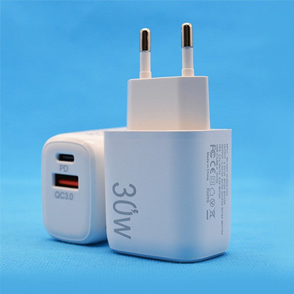 Incarcator Fast Charging pentru Telefon, Kadeny, Dual Port USB-A si USB-C cu Cap de Incarcare Standard European, 30W Q.C 3.0, Alb