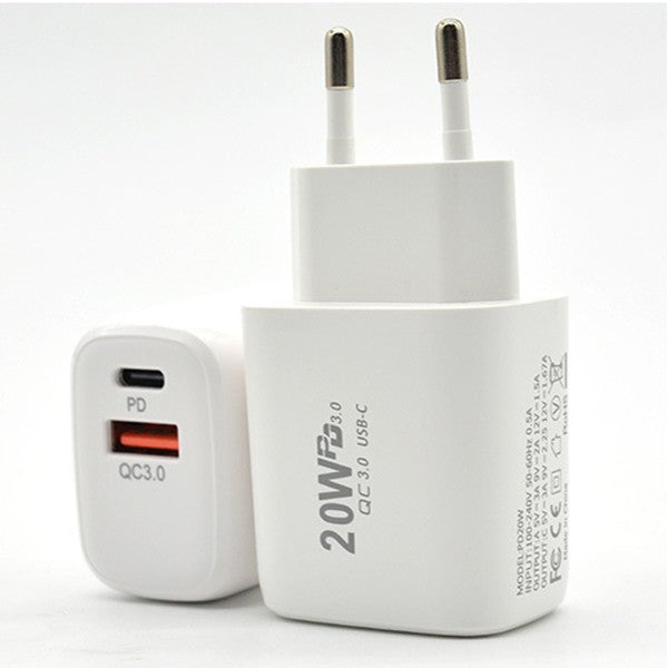 Incarcator Fast Charging pentru Telefon, Kadeny, Dual Port USB-A si USB-C cu Cap de Incarcare Standard European, Power Delivery 20W Q.C 3.0, Alb