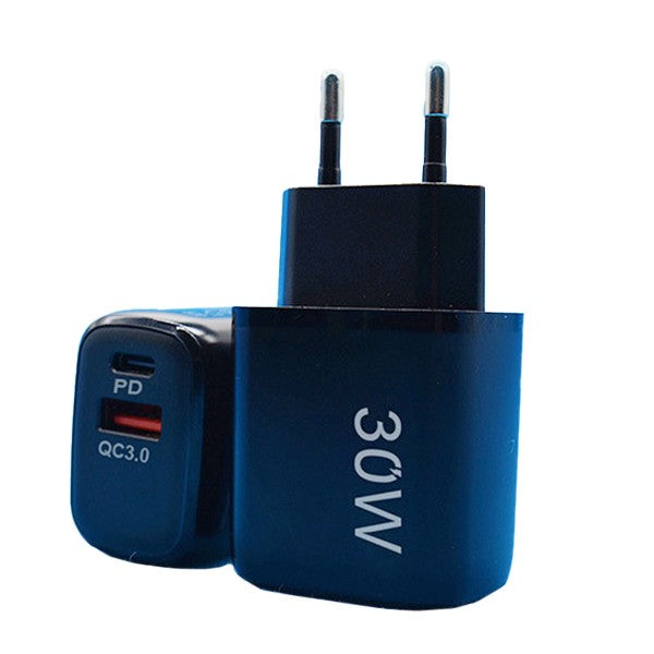 Incarcator Fast Charging pentru Telefon, Kadeny, Dual Port USB-A si USB-C cu Cap de Incarcare Standard European, 30W Q.C 3.0, Negru