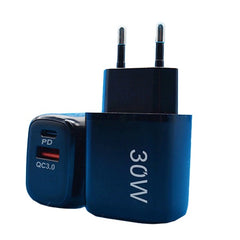 Incarcator Fast Charging pentru Telefon, Kadeny, Dual Port USB-A si USB-C cu Cap de Incarcare Standard European, 30W Q.C 3.0, Negru