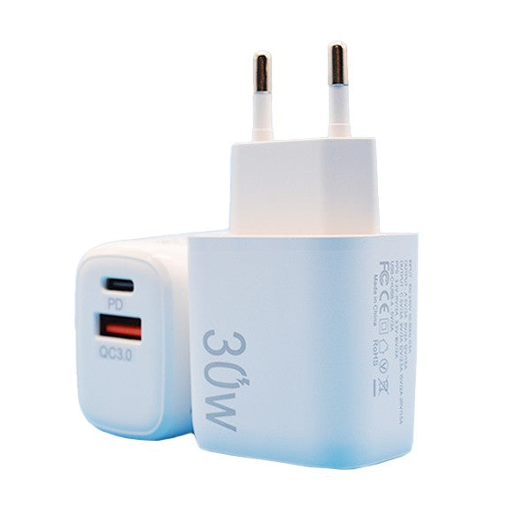 Incarcator Fast Charging pentru Telefon, Kadeny, Dual Port USB-A si USB-C cu Cap de Incarcare Standard European, 30W Q.C 3.0, Alb