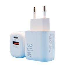 Incarcator Fast Charging pentru Telefon, Kadeny, Dual Port USB-A si USB-C cu Cap de Incarcare Standard European, 30W Q.C 3.0, Alb