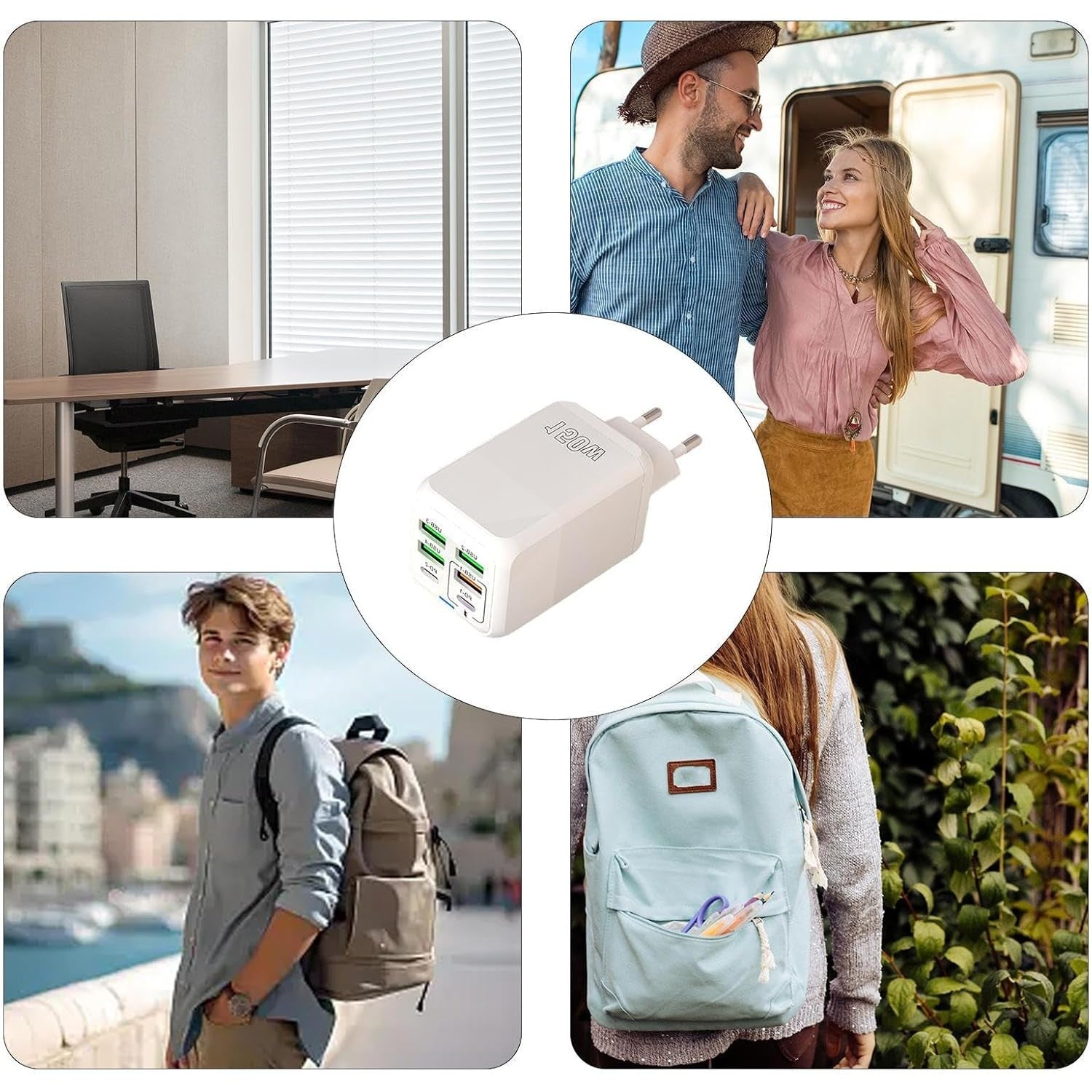 Incarcator Multifunctional, Kadeny®, 6 Porturi (2 x PD Type C + 4 USB), 150 W, 5V, 2.4A, Incarcare Rapida, 4.4 x 4.4 x 11 cm, Alb