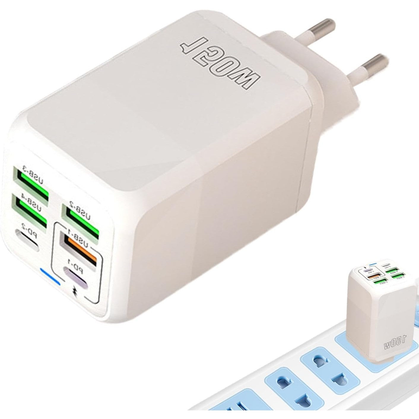 Incarcator Multifunctional, Kadeny®, 6 Porturi (2 x PD Type C + 4 USB), 150 W, 5V, 2.4A, Incarcare Rapida, 4.4 x 4.4 x 11 cm, Alb