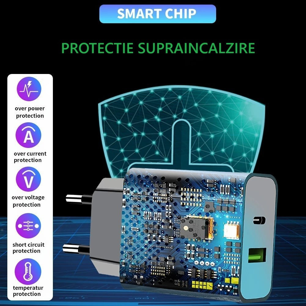 Incarcator Rapid PD QC3.0, Kadeny, 2 Porturi, USB + Type C, 20W, Incarcare Rapida, Protectie Supraincalzire, 9.5 x 5.3 x 5.8 cm, Negru