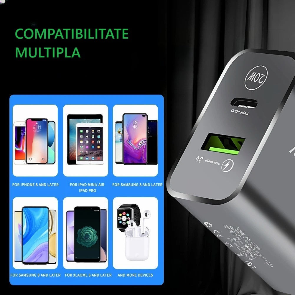 Incarcator Rapid PD QC3.0, Kadeny, 2 Porturi, USB + Type C, 20W, Incarcare Rapida, Protectie Supraincalzire, 9.5 x 5.3 x 5.8 cm, Negru