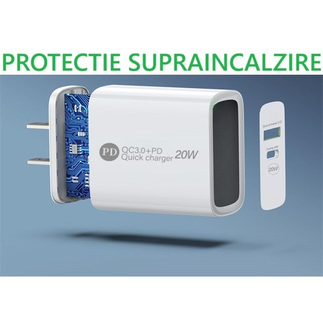 Incarcator Rapid PD QC3.0, Kadeny, 2 Porturi, USB + Type C, 20W, Incarcare Rapida, Protectie Supraincalzire, 9.5 x 5.3 x 5.8 cm, Alb