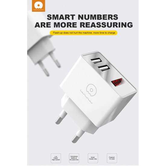 Incarcator Retea Kadeny, 2.4A, 2 porturi USB, cu afisaj led WUW-C82, Alb