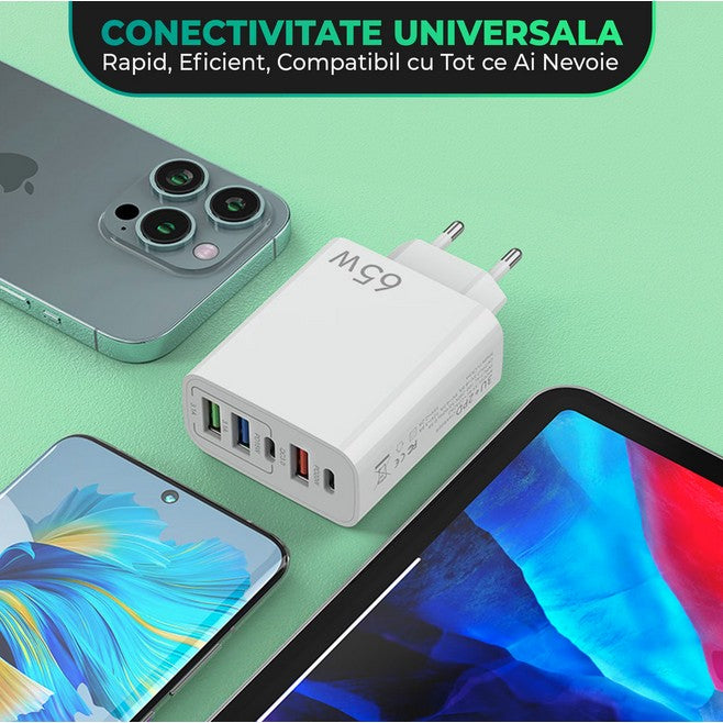 Incarcator Retea, Kadeny, 5 Porturi, 65W Fast Charge, 3 x USB, 2 x Type-C, Universal Compatibil iPhone, Huawei, Samsung, Xiaomi, Alb