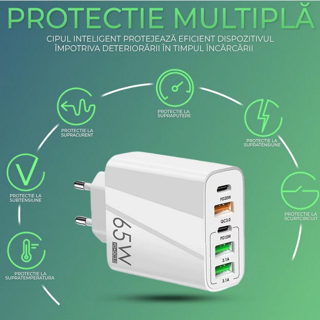 Incarcator Retea, Kadeny, 5 Porturi, 65W Fast Charge, 3 x USB, 2 x Type-C, Universal Compatibil iPhone, Huawei, Samsung, Xiaomi, Alb