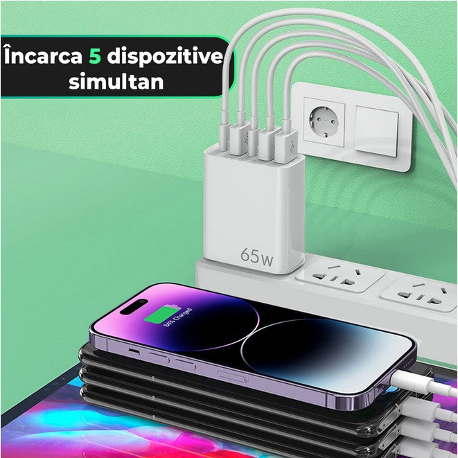 Incarcator Retea, Kadeny, 5 Porturi, 65W Fast Charge, 3 x USB, 2 x Type-C, Universal Compatibil iPhone, Huawei, Samsung, Xiaomi, Alb