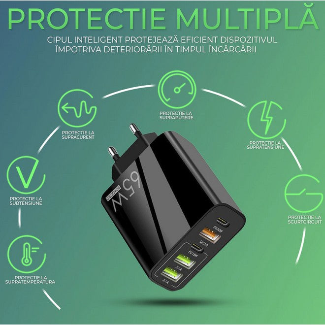 Incarcator Retea, Kadeny, 5 Porturi, 65W Fast Charge, 3 x USB, 2 x Type-C, Universal Compatibil iPhone, Huawei, Samsung, Xiaomi, Negru