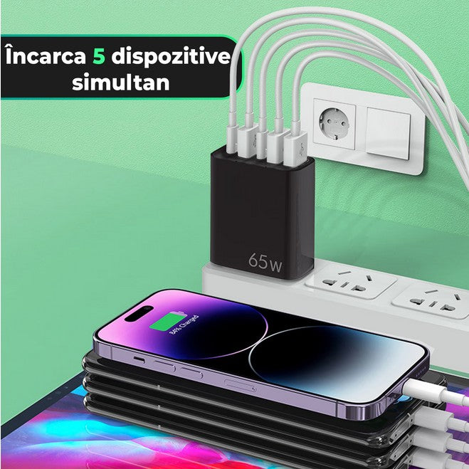 Incarcator Retea, Kadeny, 5 Porturi, 65W Fast Charge, 3 x USB, 2 x Type-C, Universal Compatibil iPhone, Huawei, Samsung, Xiaomi, Negru