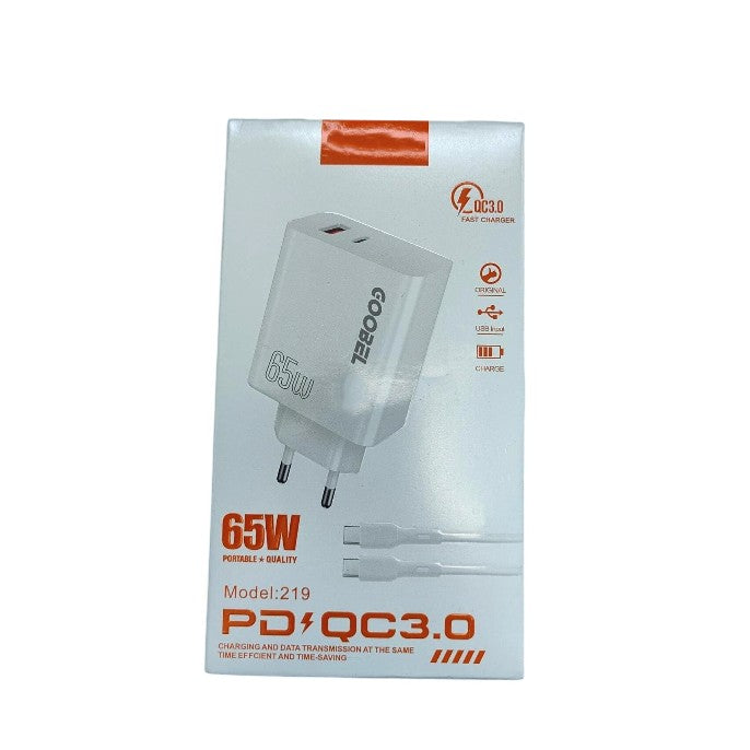 Incarcator Super Fast Charge, Kadeny, Incarcator Fast Charge Universal, 65 W, 2 Mufe USB 3.0 si USB C Adaptor, Cablu inclus USB-C, Alb