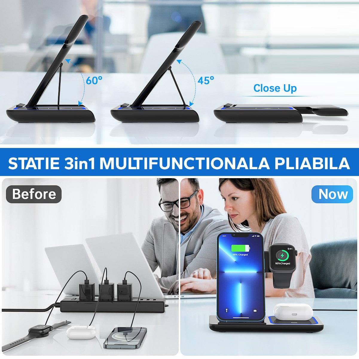 Incarcator Wireless Kadeny, Statie Incarcare 3 In 1 Qi Fast Charger 15W, Incarcare Rapida, Compatibil Cu Apple Watch Toate Seriile Airpods Toate Modele si Iphone Android Samsung Huawei Xiaomi, Quick Charge, Negru