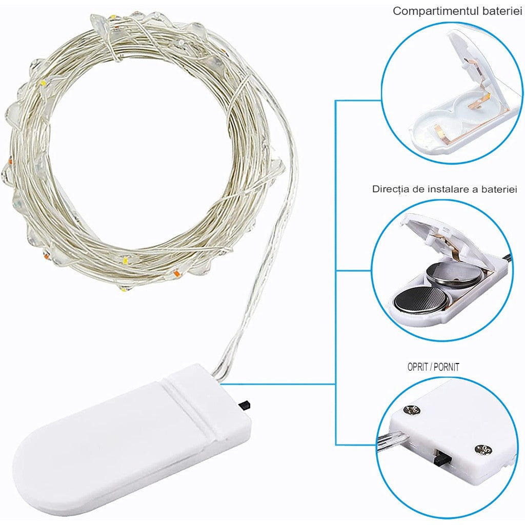 Instalatie Craciun, 1 metru, 10 LED-uri, Multicolor, cu baterii, fir aliaj zinc, liniar, interior/exterior, Kaveny