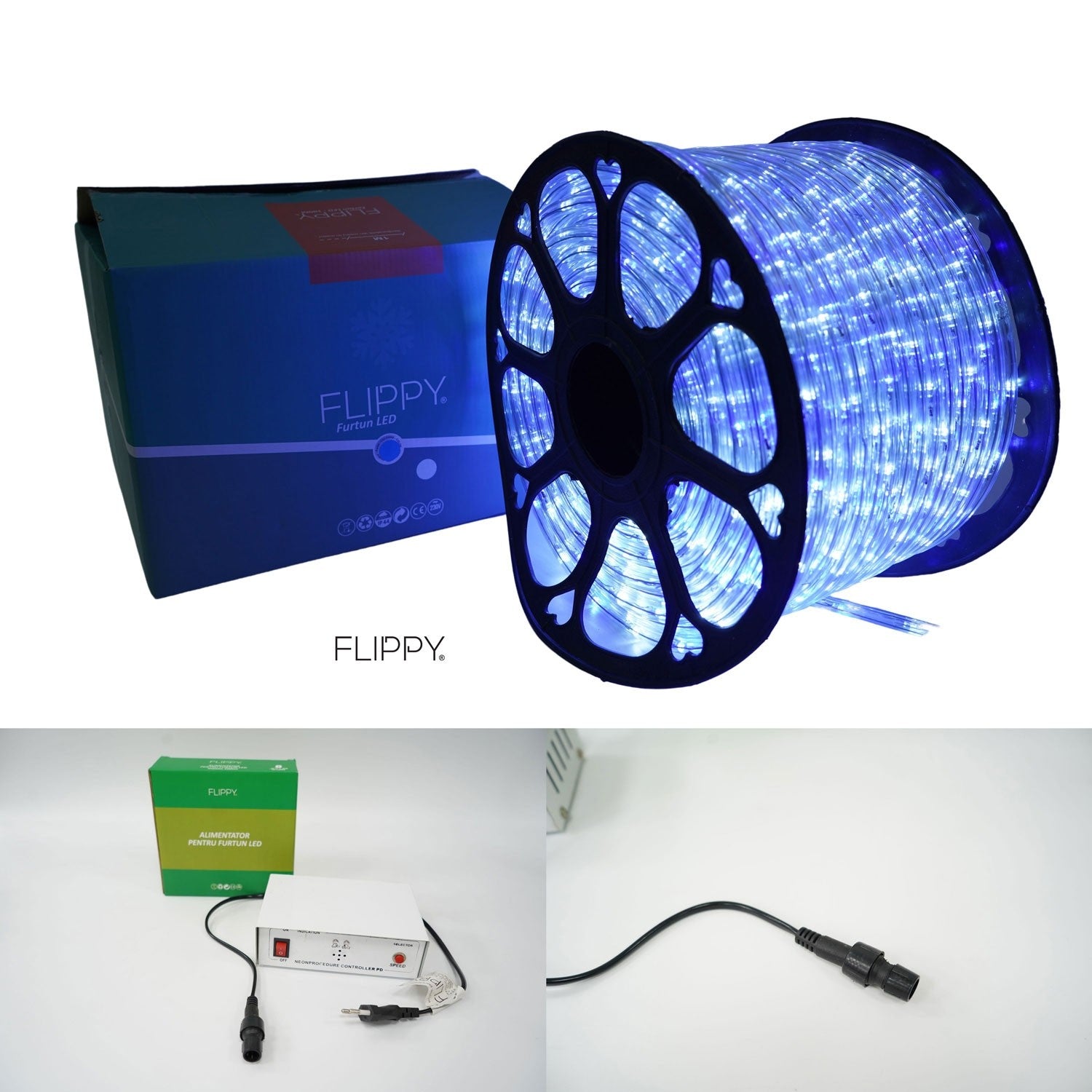 Instalatie Craciun, 100 m, 2400 Led-uri, Furtun Luminos, Alb rece/ Albastru, Transformator, 8 jocuri de lumini, Sectionabila, 220 V, Kaveny
