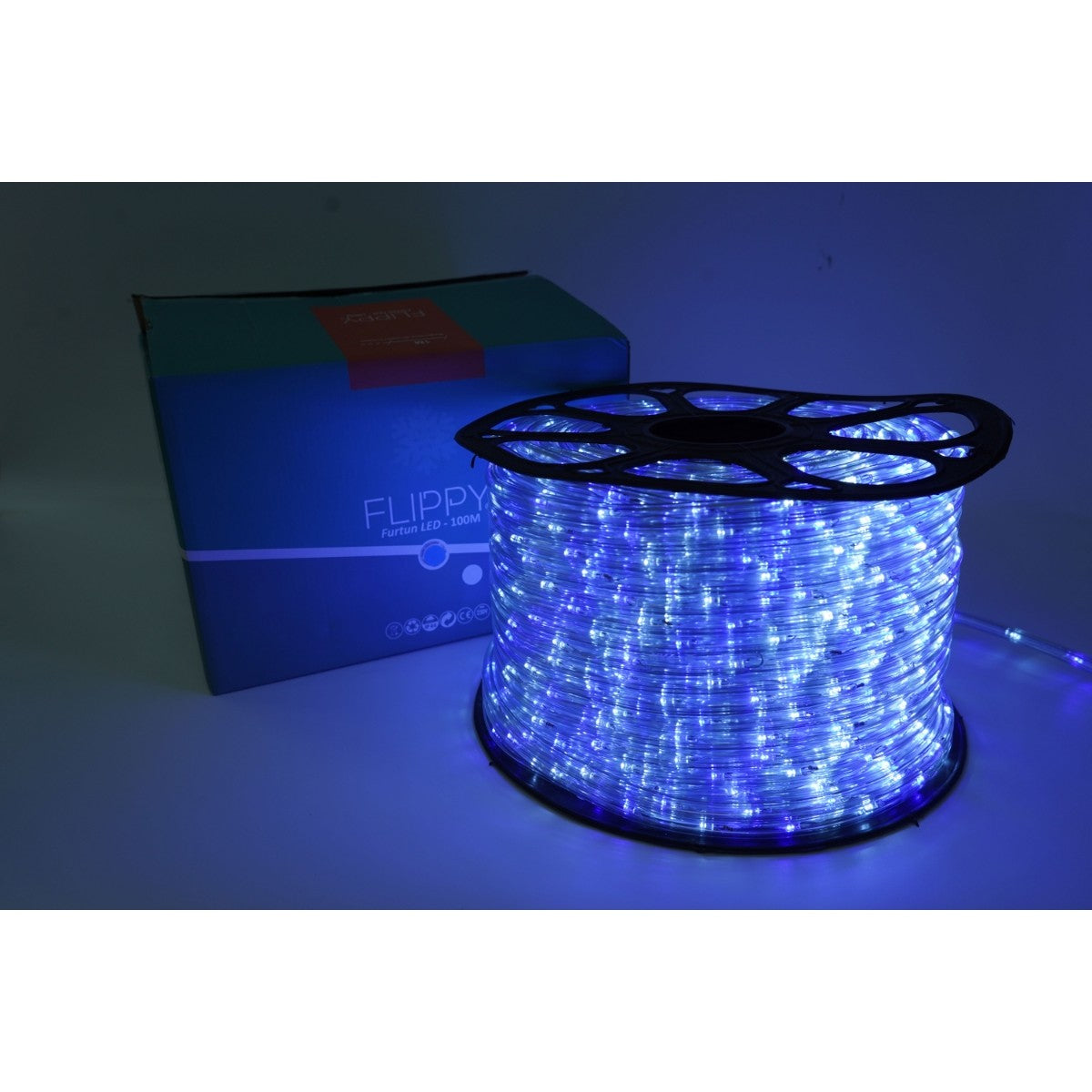 Instalatie Craciun, 100 m, 2400 Led-uri, Furtun Luminos, Alb rece/ Albastru, Transformator, 8 jocuri de lumini, Sectionabila, 220 V, Kaveny