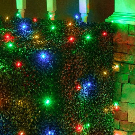 Instalatie Craciun, 105 m, 1050 Led-uri ,Liniara, Rosu/Albastru/Rosu/Verde, Flash, Transformator cu telecomanda, Interconectabila, Prelungitor 3 m inclus, Fir Verde, Kaveny