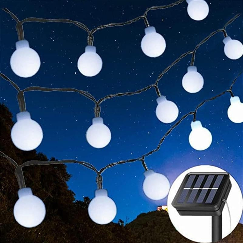 Instalatie Craciun, 12 metri, 100 de LED-uri cu ornament tip Bulb, 8 jocuri de lumini alb rece, cu energie solara, liniar, interior/exterior, Kaveny