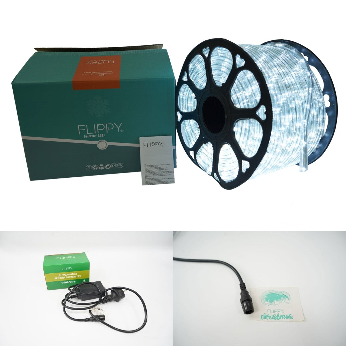 Instalatie Craciun, 15 m, 360 Led-uri, Furtun Luminos, Alb rece, Transformator, 8 jocuri de lumini, Sectionabila, 220 V, Kaveny