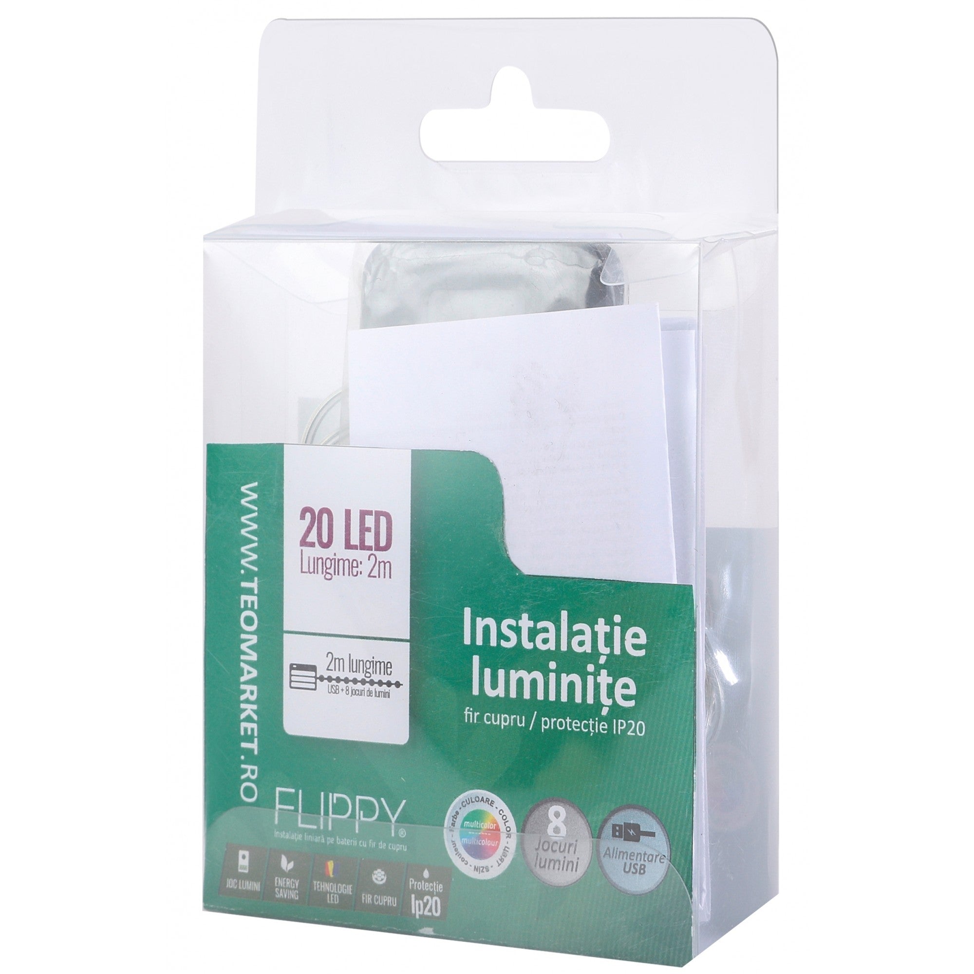 Instalatie Craciun, 2 metri, 20 LED-uri, multicolor, telecomanda 8 functii, USB, fir cupru, liniar, interior/exterior, Kaveny