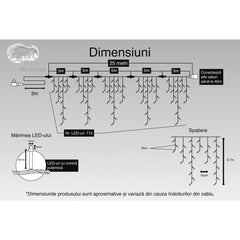 Instalatie Craciun, 25 m, 715 Led-uri ,Franjuri, Multicolor, Flash, Transformator cu telecomanda, Interconectabila, Prelungitor 3 m inclus, Fir Transparent, Kaveny