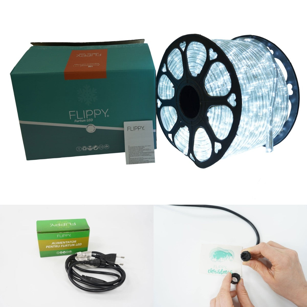 Instalatie Craciun, 27 m, 648 Led-uri, Furtun Luminos, Alb rece, Transformator, Sectionabila, 220 V, Kaveny