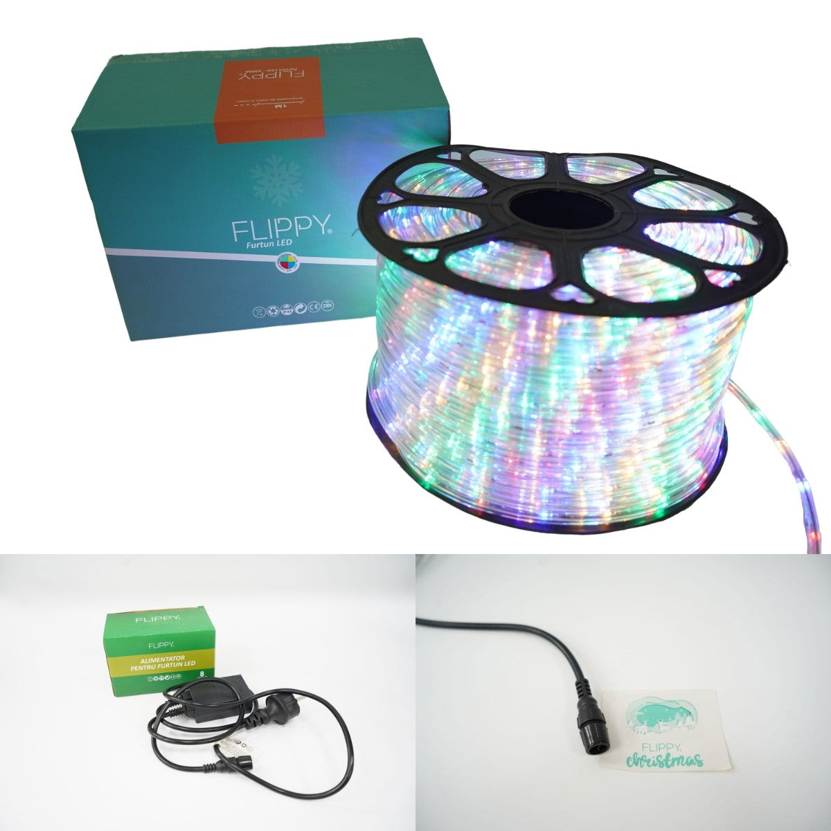 Instalatie Craciun, 27 m, 648 Led-uri, Furtun Luminos, Multicolor, Transformator, 8 jocuri de lumini, Sectionabila, 220 V, Kaveny