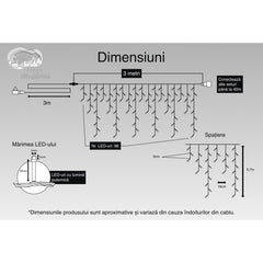Instalatie Craciun, 3 m, 96 Led-uri ,Franjuri, Alb rece, Flash, Transformator, Interconectabila, Prelungitor 3 m inclus, Fir Transparent, Kaveny