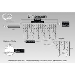 Instalatie Craciun, 30 m, 858 Led-uri ,Franjuri, Alb cald, Flash, Transformator, Interconectabila, Prelungitor 3 m inclus, Fir Transparent, Kaveny