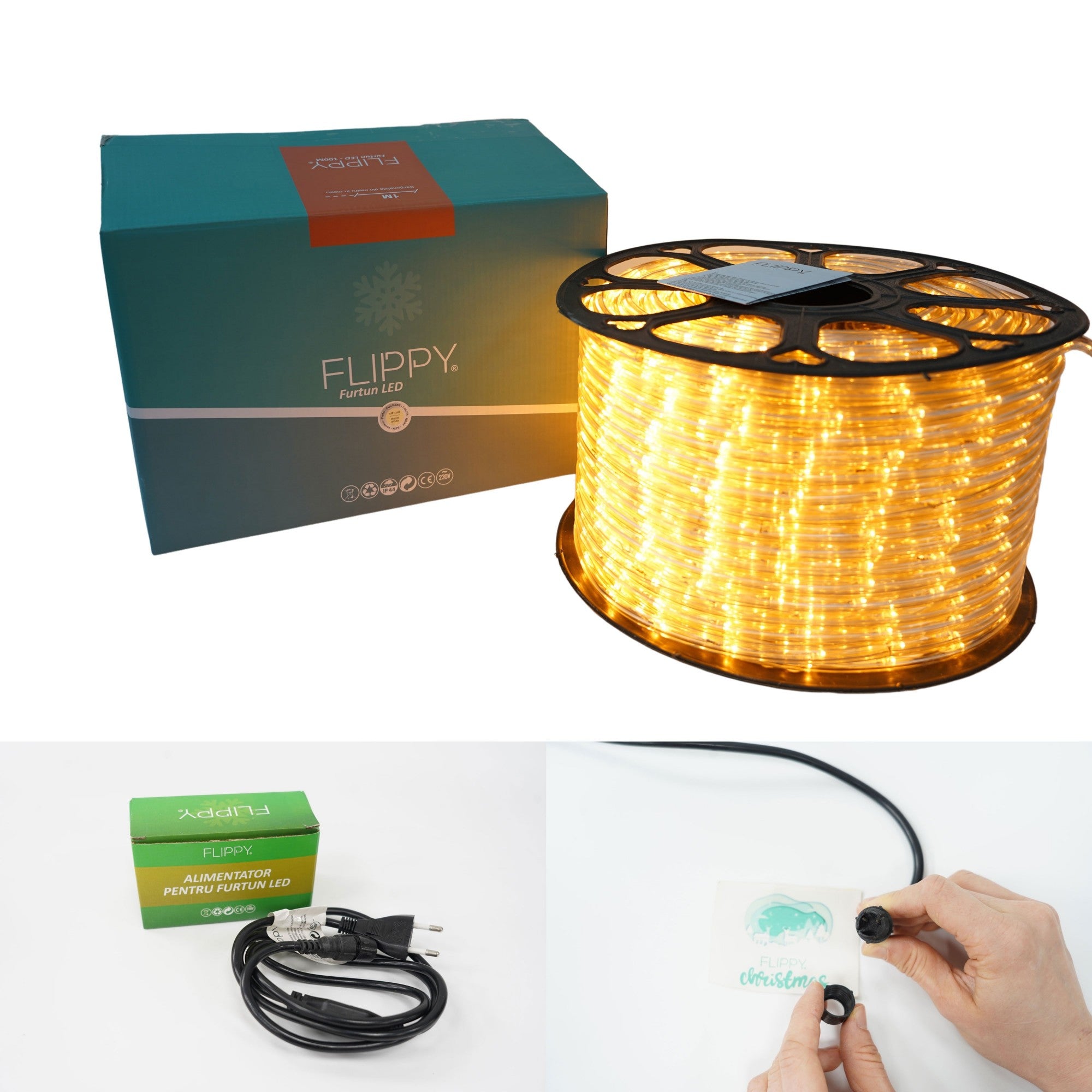 Instalatie Craciun, 4 m, 96 Led-uri, Furtun Luminos, Alb cald, Transformator, Sectionabila, 220 V, Kaveny