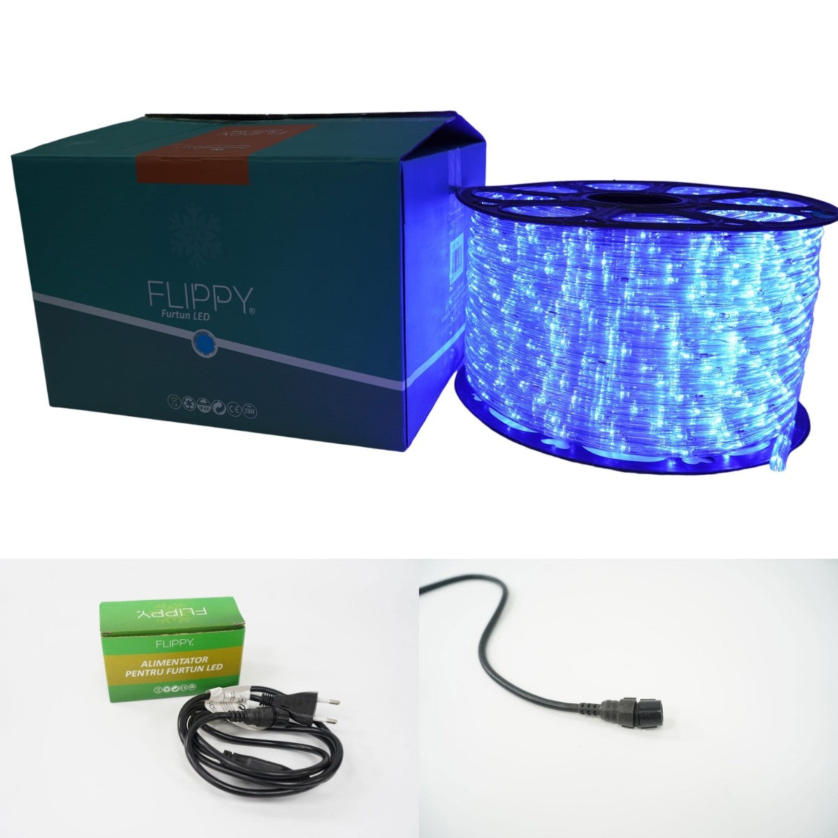 Instalatie Craciun, 47 m, 1128 Led-uri, Furtun Luminos, Albastru, Transformator, Sectionabila, 220 V, Kaveny