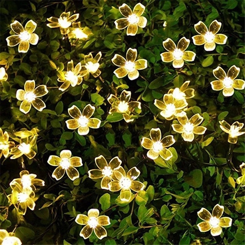Instalatie Craciun, 5 metri, 20 Becuri LED tip Flori de cires, pentru exterior cu incarcare solara, Alb cald, Kaveny