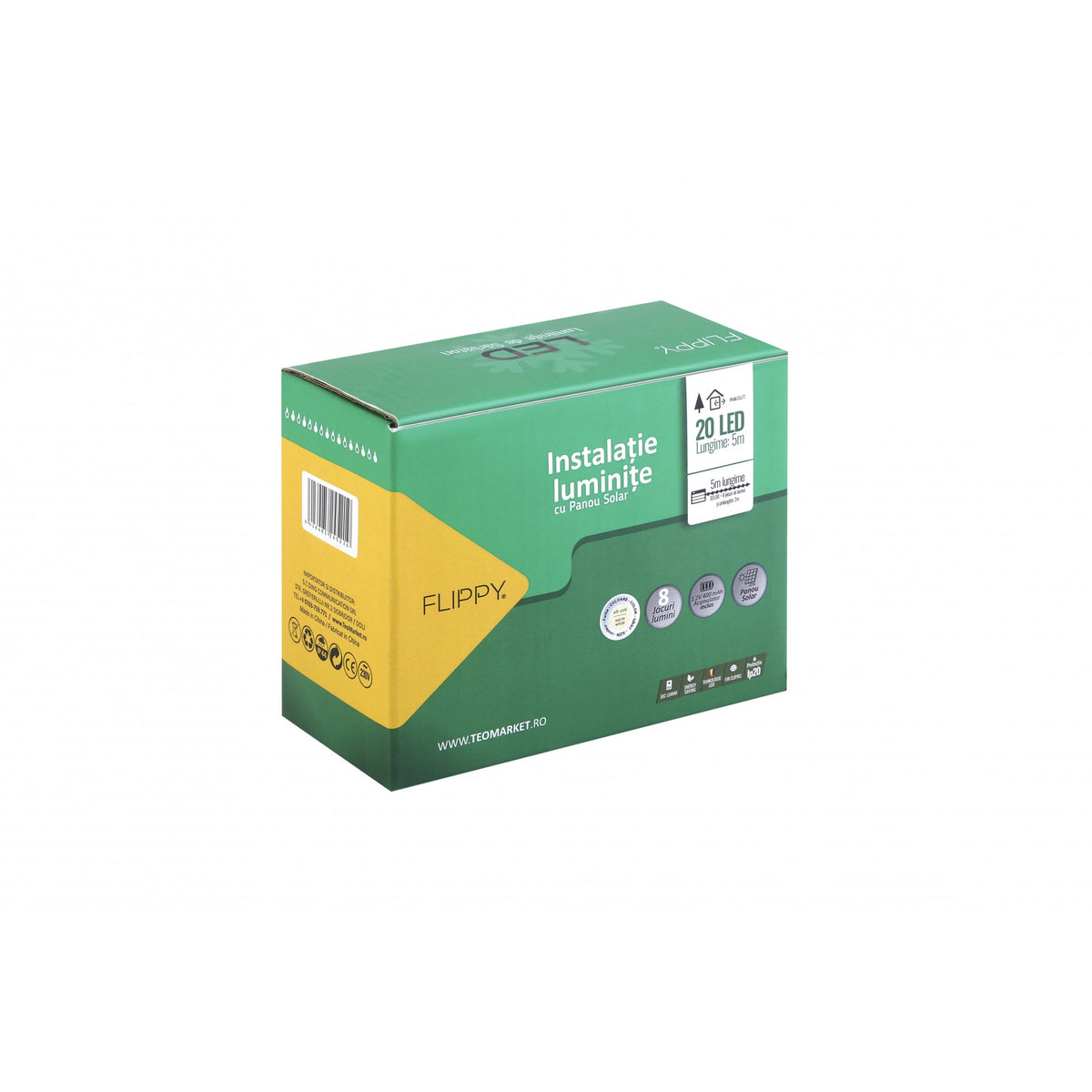 Instalatie Craciun, 5 metri, 20 de LED-uri cu ornament tip Bulb, 8 jocuri de lumini alb cald, cu energie solara, liniar, interior/exterior, Kaveny