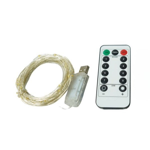 Instalatie Craciun, 5 metri, 50 LED-uri, USB, Telecomanda cu 8 functii, alb cald, Kaveny
