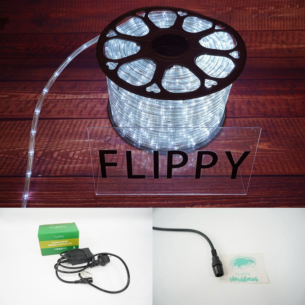 Instalatie Craciun, 50 m, 1200 Led-uri, Furtun Luminos, Alb rece, Transformator, 8 jocuri de lumini, Sectionabila, 220 V, Kaveny