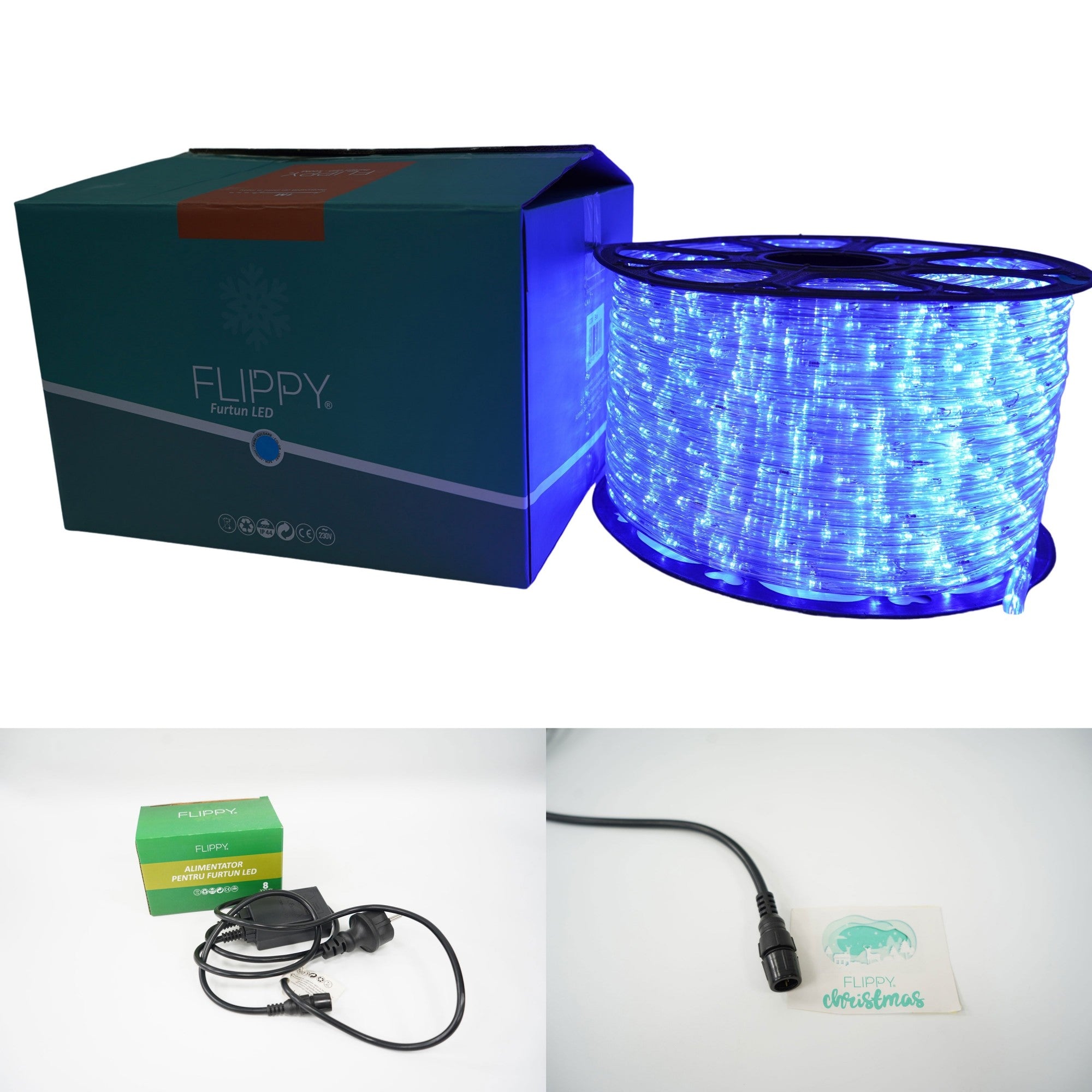 Instalatie Craciun, 50 m, 1200 Led-uri, Furtun Luminos, Albastru, Transformator, 8 jocuri de lumini, Sectionabila, 220 V, Kaveny