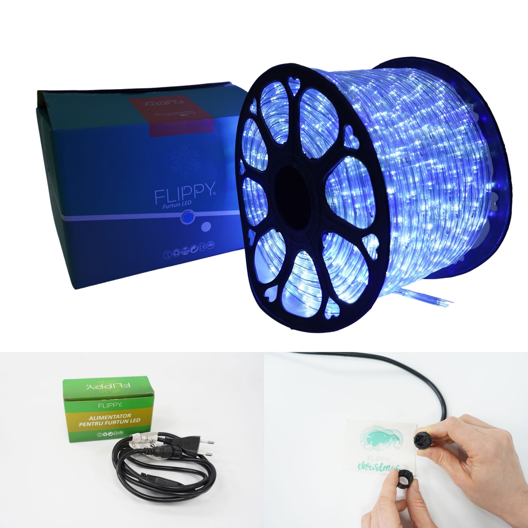 Instalatie Craciun, 51 m, 1224 Led-uri, Furtun Luminos, Alb rece/ Albastru, Transformator, Sectionabila, 220 V, Kaveny