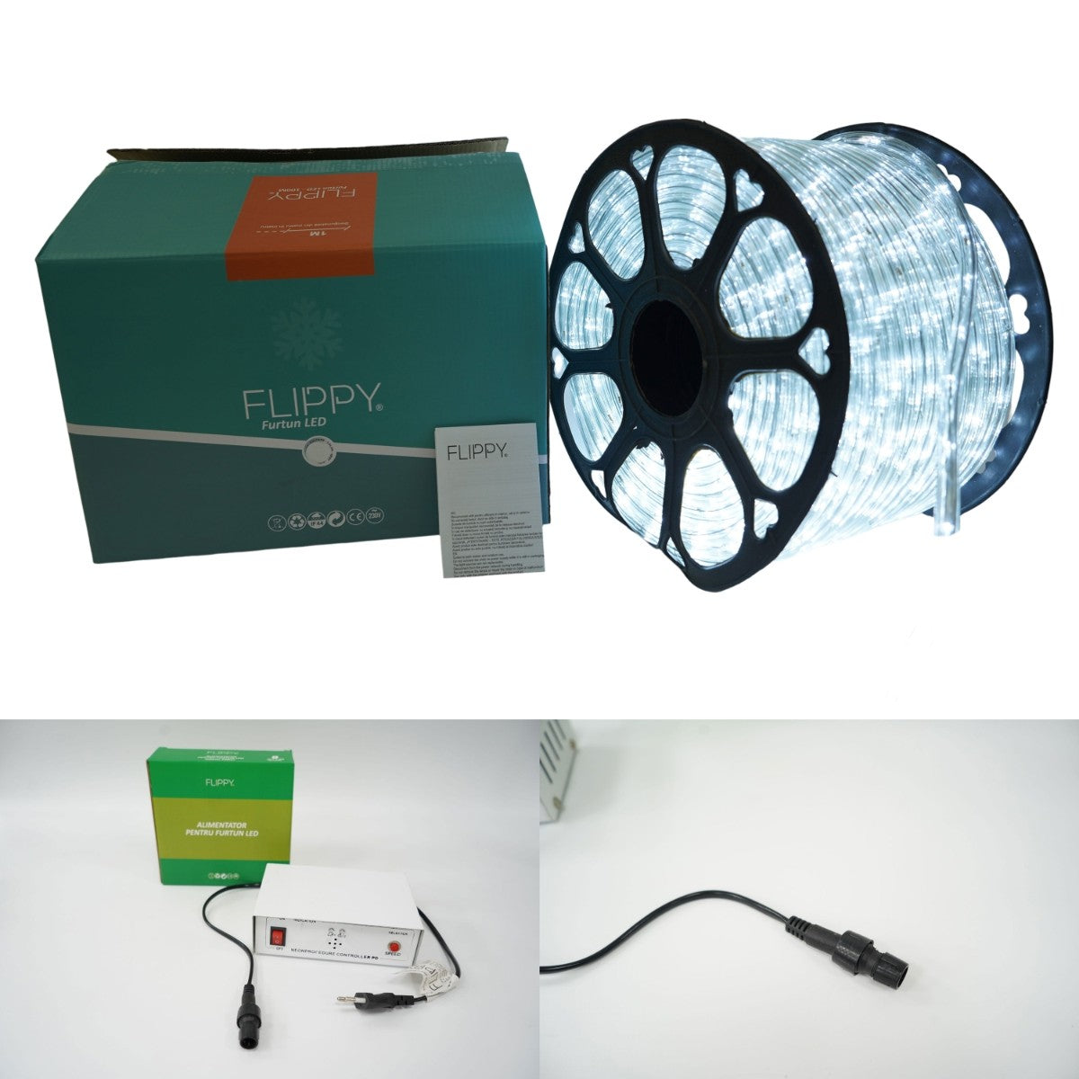 Instalatie Craciun, 51 m, 1224 Led-uri, Furtun Luminos, Alb rece, Transformator, 8 jocuri de lumini, Sectionabila, 220 V, Kaveny