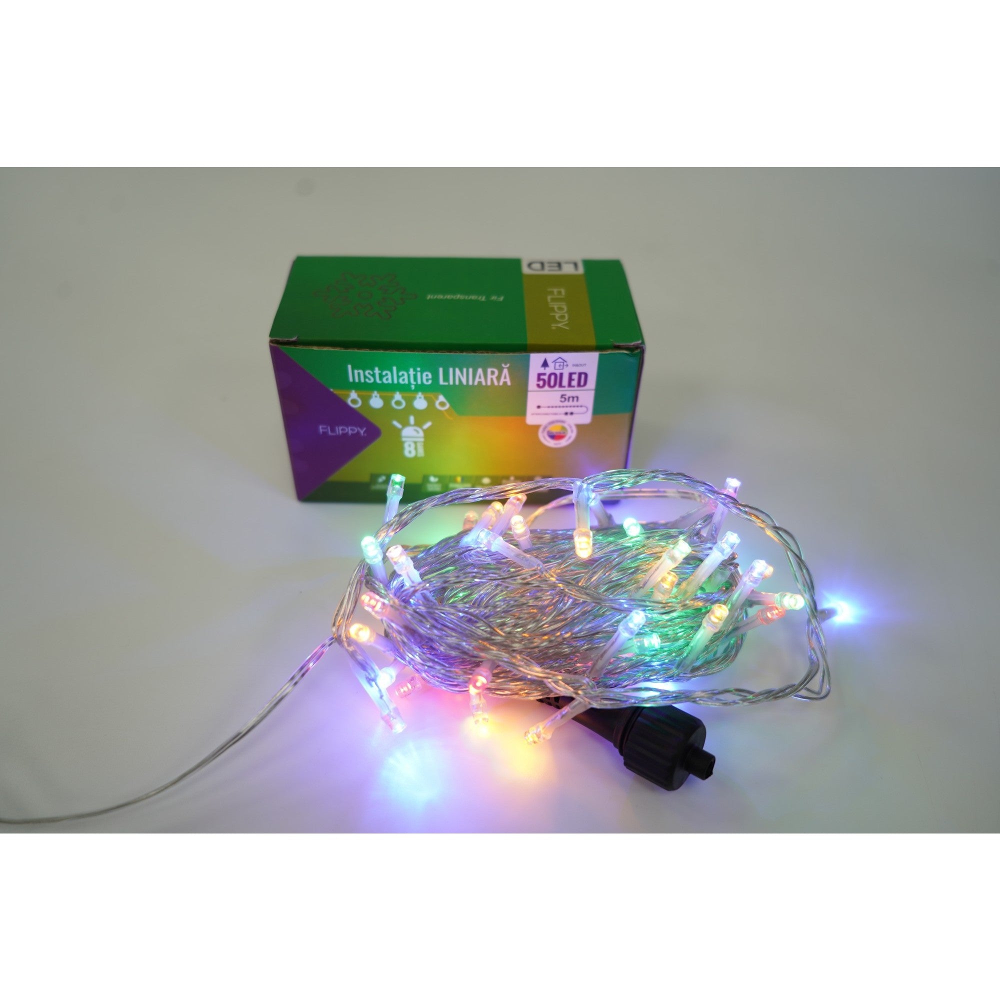 Instalatie Craciun, 55 m, 550 Led-uri ,Liniara, Multicolor, 8 jocuri de lumini, Transformator cu telecomanda, Interconectabila, Prelungitor 5 m inclus, Fir Transparent, Kaveny